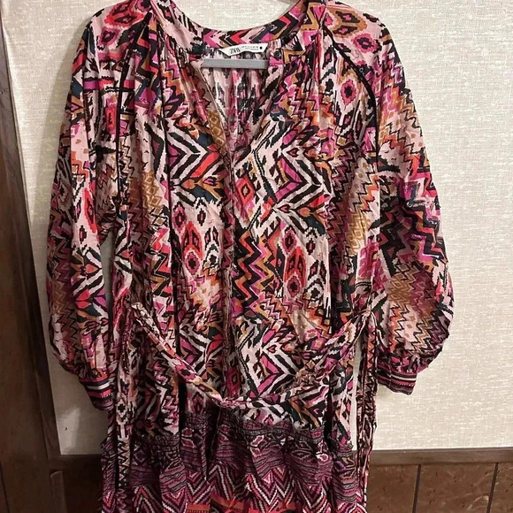 Zara Button Up Tie Waist Colorful‎ Long Sleeve Dress Size Medium - Picture 2 of 9